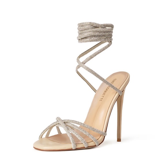 GRACE NUDE VEGAN LEATHER CRYSTAL WRAP SANDAL HEELS - Picture 1 of 6